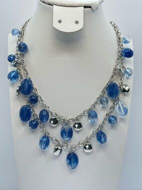 Silver Tone Blue Acrylic Beaded Layered Necklace Statement